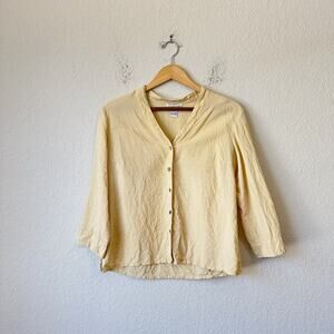 CITRON Silk Shirt Pale Yellow Button Up 3/4 Sleeve Crinkled Minimalist